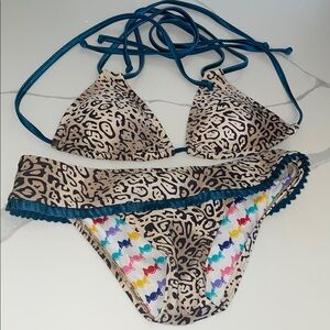 Randy Wrappers Leopard Print Bikini with Deep Jade Straps Size S Ideal Condition